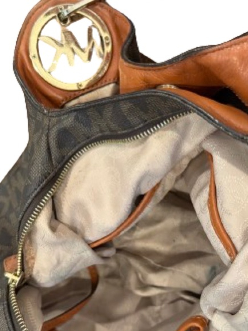 Michael Kors Brown MK Logo Hobo Bag with Lots of Pockets Needs zipper pull - Picture 9 of 15